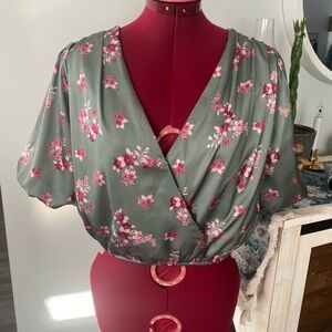 Sadie & Sage Floral Cropped Puff Sleeve Wrap Blouse - Green and Pink